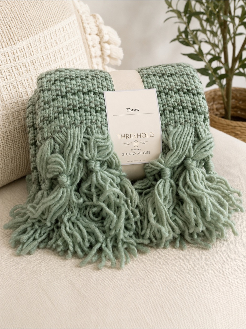 Studio McGee Mint Sage Knit Throw with Fringe
